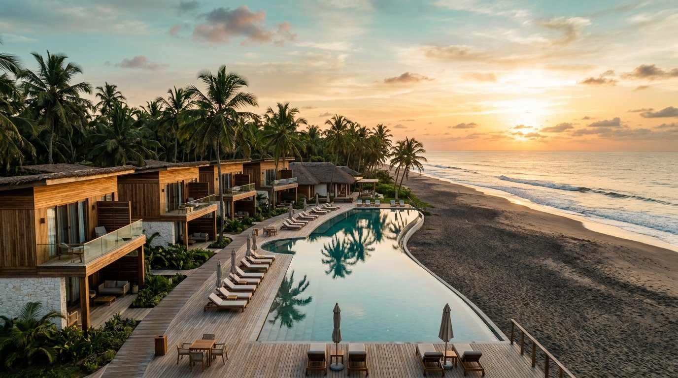 The Grove Essipong Beach Resort at golden hour on Ghana's Atlantic coast